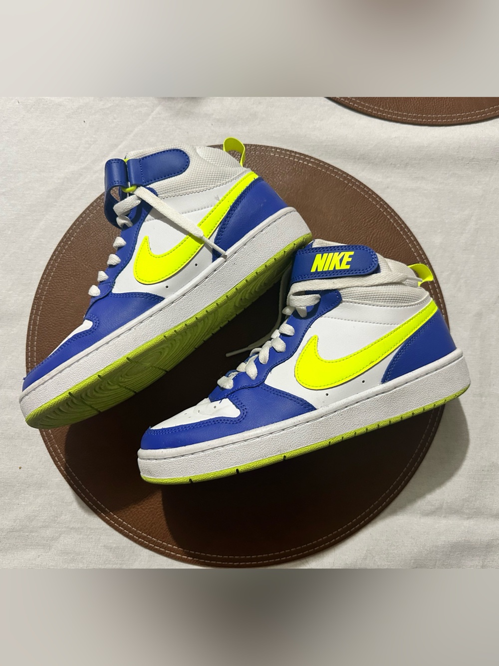 Nike Kids High-Top Sneakers in White, Blue & Neon Yellow